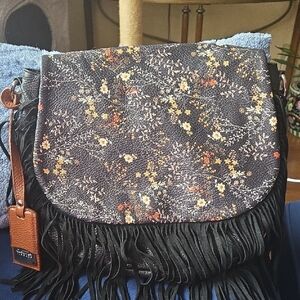 Black and Brown Crossbody Bag with Fringe